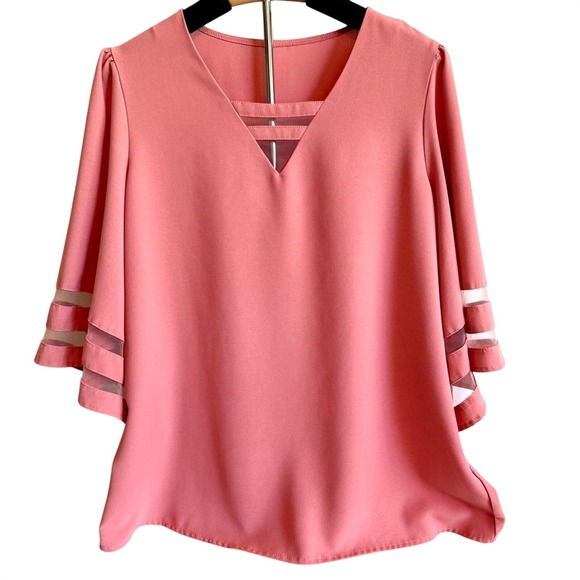 Source Unknown Tops - Womens XL Pink Bell Sleeve V-Neck Top Feminine Cottagecore Fairy Dainty Career